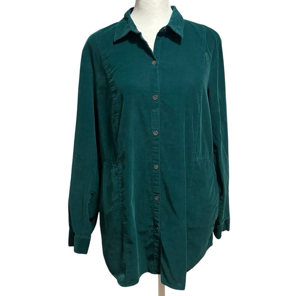J. Jill Size M Button Up Shirt Tunic Top Fine Whale Corduroy Green Pockets